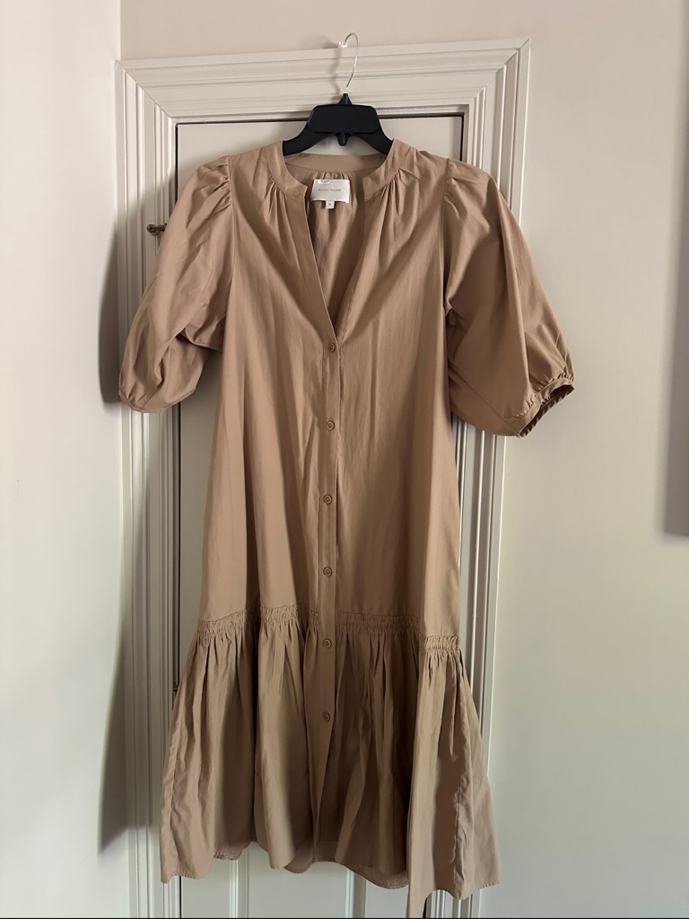 Brochu Walker Beige Button-Down Midi Dress with Puff Sleeves